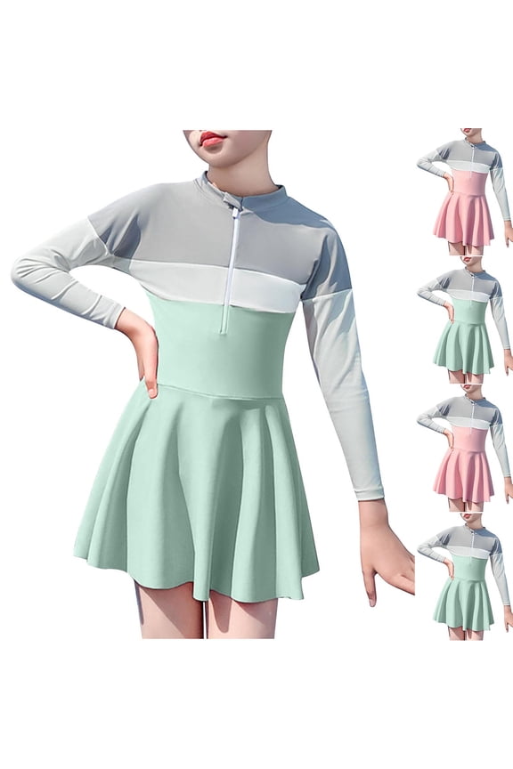 Girls Swim Skirt Lightweight Long-Sleeved Half-Zip Swimsuits Kids Girls Colour Patchwork One-Piece Rash Guard Swimwear Sales Today 11 Years Green