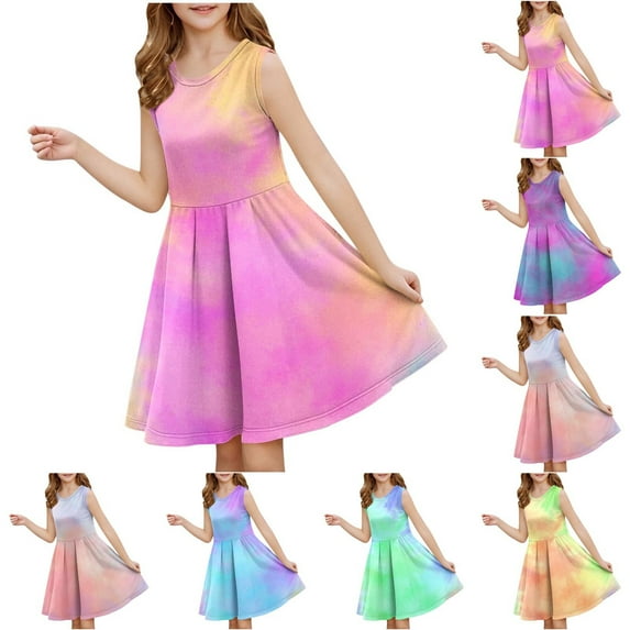 Jinhomg Girls Tank Dresses Trendy Gradient Print Flowy Midi Dress Casual Sleeveless A-Line Sundress Little Kids Summer Beach Dress Pink 11 Years