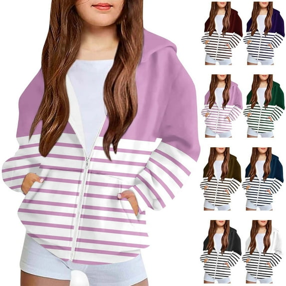 Jinhomg Girls Zip Up Hoodie Kids Fashion Striped Sweatshirt Jacket with Pockets 2025 Fall Winter Treney Outwear Blue 150