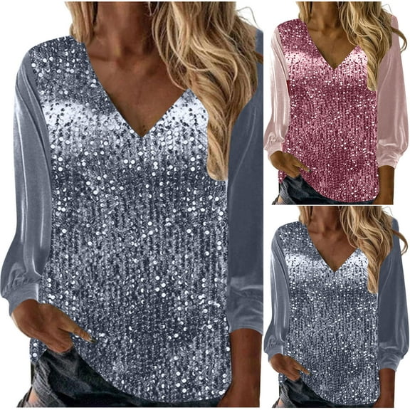 Jinhomg Gold Womens Sequin Velvet Tops Glitter Sparkly Blouse Trendy V-Neck Long Sleeve Dressy Holiday Shirts Pink,S