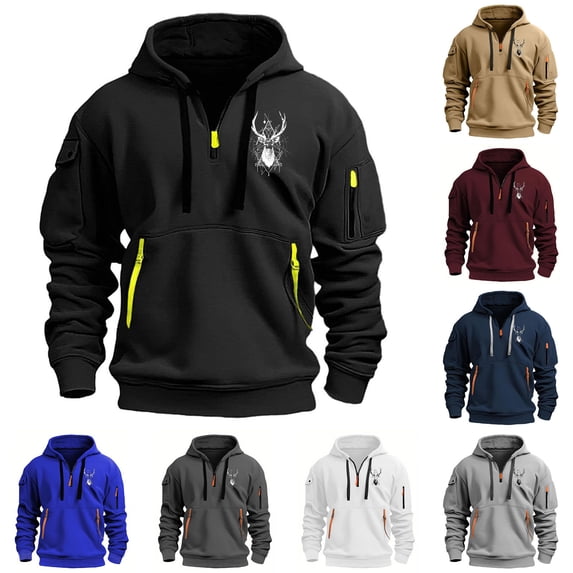 Jinhomg Graphic Hooded Sweatshirt for Men 2025 Trendy Deer Print Cargo Hoodies Big and Tall Comfy Long Sleeve Quarter Zip Tops with Multi Pockets Sales Today White XXXL