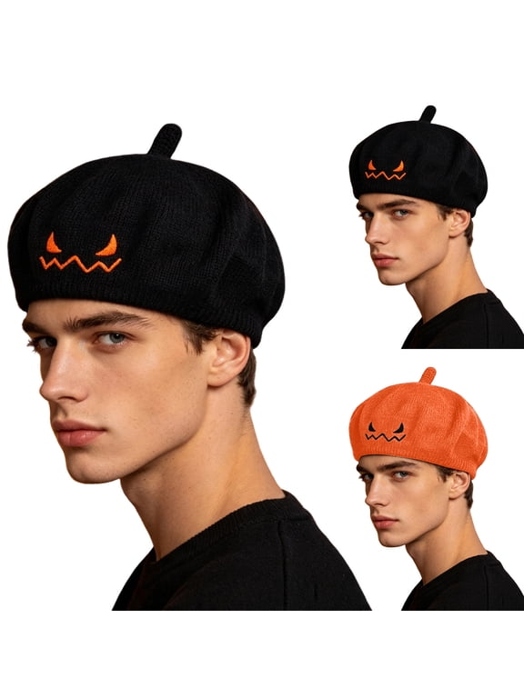Halloween Evil Face Embroidered Beret Hat Women's Casual Party Knit Cap Black Free Size
