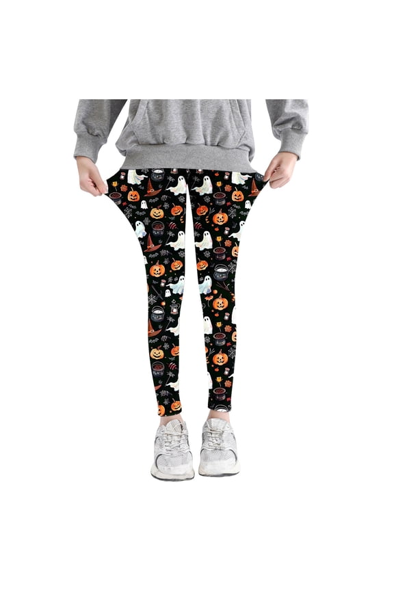 Halloween Printed Leggings for Girls High Stretch Tights Athletic Dance Leggings Pants Toddlers Outdoor Sports Trousers Multicolor (3-8 Years)