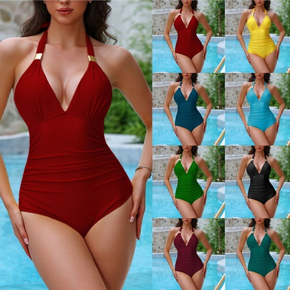 Jinhomg Halter Tankini Swimsuit for Women Tummy Control One Piece Bathing Suit Trendy Deep V-Neck Swimwear Vacation Beach Bathing Suits 2025 Saving Red M