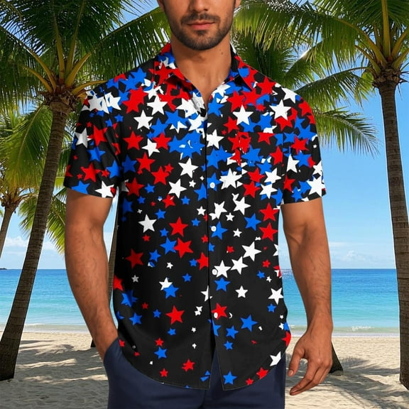 Jinhomg Hawaiian Shirt for Men Big And Tall Short Sleeve Button Down Tops Fourth of July Red White And Blue USA Flag Patriotic Tops Celebration Party Clothes Dark Blue XL