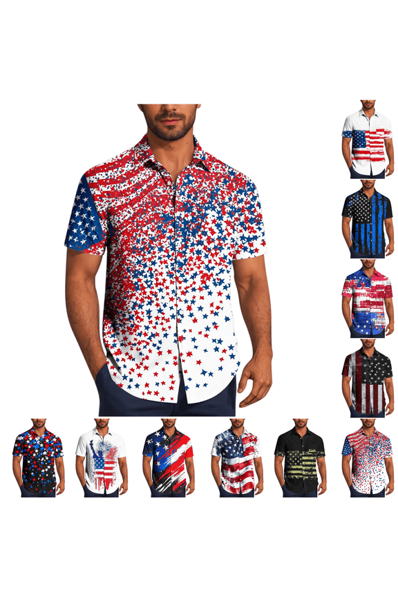 Hawaiian Shirt for Men Big And Tall Short Sleeve Button Down Tops Fourth of July Red White And Blue USA Flag Patriotic Tops Celebration Party Clothes Red S