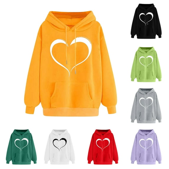 Jinhomg Heart Print Hooded Sweatshirt for Women Casual Loose Kangaroo Pocket Drawstring Hoodies Fall Comfy Long Sleeve Sweatshirts Daily Wear Gray S