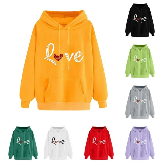 Jinhomg Heart Print Hooded Sweatshirt for Women Casual Loose Kangaroo Pocket Drawstring Hoodies Fall Comfy Long Sleeve Sweatshirts Daily Wear Mint Green L