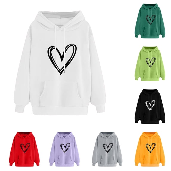 Jinhomg Heart Print Hoodies for Women Holiday Casual Drawstring Hooded Sweatshirt Valentines Day Loose Fit Comfy Long Sleeve Pullover with Kangaroo Pocket Yellow L