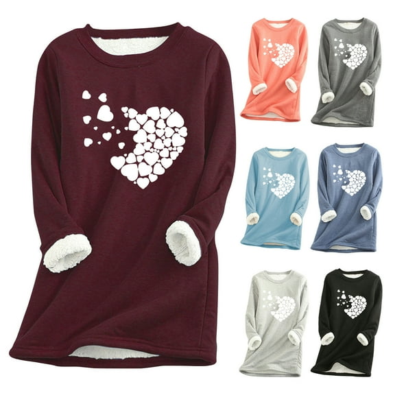 Jinhomg Heart Print Sweatshirts for Women Fall Thermal Sherpa Fleece Lined Loungewear Valentines Day Soft Cozy Long Sleeve Crewneck Tunic Tops 90 Percent off Clearance Sale Blue XXXL