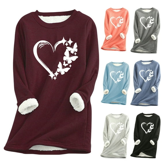 Jinhomg Heart Print Sweatshirts for Women Fall Thermal Sherpa Fleece Lined Loungewear Valentines Day Soft Cozy Long Sleeve Crewneck Tunic Tops Black L