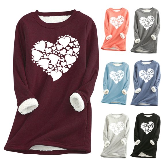 Jinhomg Heart Print Sweatshirts for Women Fall Thermal Sherpa Fleece Lined Loungewear Valentines Day Soft Cozy Long Sleeve Crewneck Tunic Tops Limited Time 90 off Clearance Sale Light Blue S