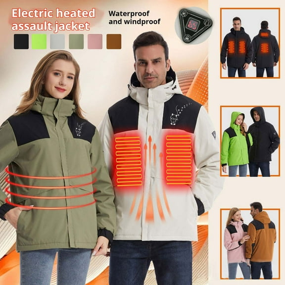 Jinhomg Heated Coat for Women Men Winter Warm 4 Heated Zones Heating Jacket and Detachable Hood Unisex Comfy USB Electric Heated Coats Without Battery Green L