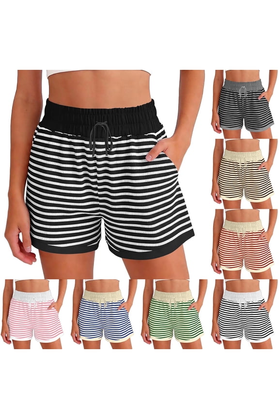High Waisted Women Shorts Striped Knit Summer Pajama Shorts Y2K Lounge Pj Sleep Shorts with Pockets Drawstring Beach Vacation Clothes Red,XXL