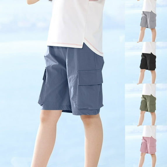 Jinhomg Hiking Cargo Shorts for Kids Loose Fit Comfy Elastic Waist Shorts Casual Solid Workout Shorts with Multi Pocket Outdoor Active Wear Blue 13-14 Years