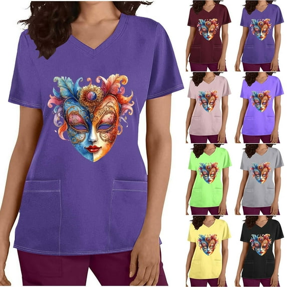 Jinhomg Holiday Graphic Scrubs for Women 2025 Mardi Gras Mask Graphic Tunic Tops Lightweight Carnival Themed V-Neck Caregiver Tops Nurse Gifts Today's 90 off Clearance Sale Black S