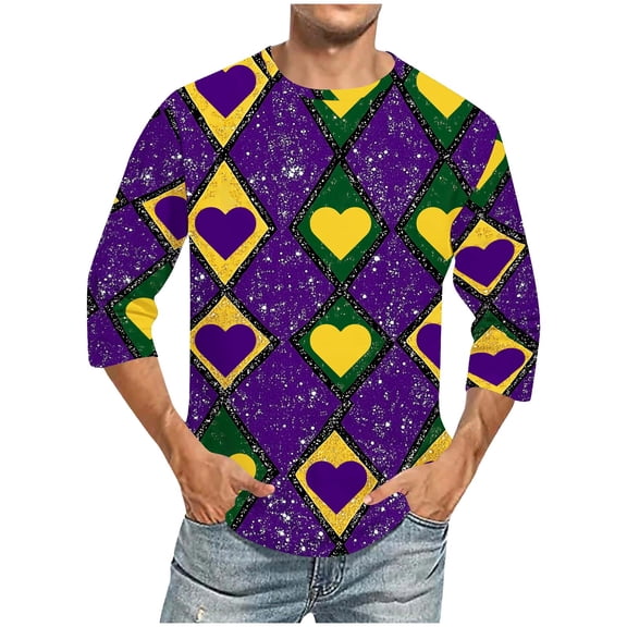 Jinhomg Holiday Graphic Tees for Men 2025 Novelty Funny Mardi Gras T-Shirts Big and Tall Casual Comfy 3/4 Sleeve Crew Neck Tops Carnival Party Wear Spring Saving Purple XXXL