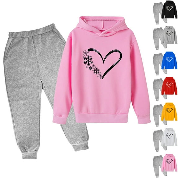 Jinhomg Holiday Outfits for Little Kids 2 Piece Boys Girls Valentine's Day Sweatsuit Casual Comfy Heart Graphic Hooded Sweatshirt with Elastic Waist Pants Blue 5 Years
