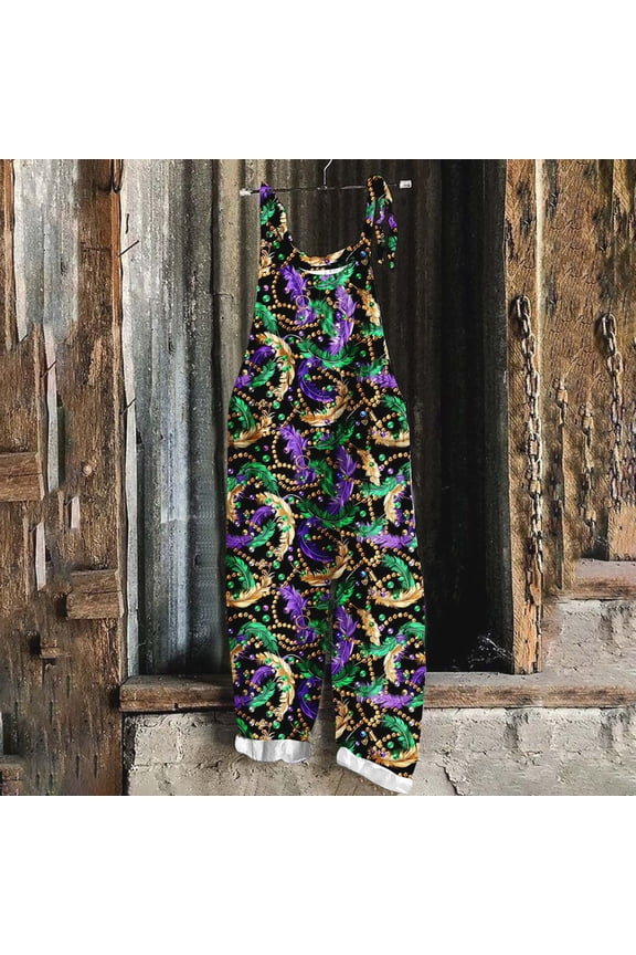 Holiday Overalls for Women 2025 Fancy Mardi Gras Themed Jumpsuits Loose One Piece Sleeveless Wide Leg Rompers with Pockets Spring Saving Multicolor XXL