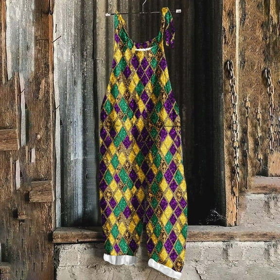 Jinhomg Holiday Overalls for Women 2025 Fancy Mardi Gras Themed Jumpsuits Loose One Piece Sleeveless Wide Leg Rompers with Pockets Summer Saving Multicolor L