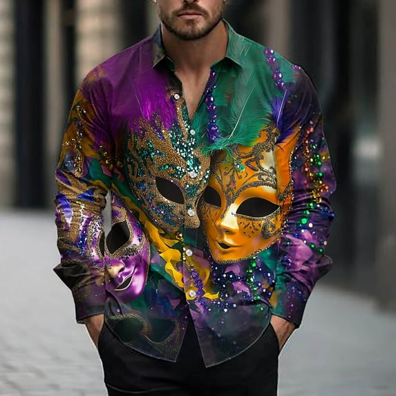 Jinhomg Holiday Party Shirts for Men Novelty Funny Mardi Gras Graphic Shirts Casual Comfy Long Sleeve Button Down Tuesday Carnival Celebration Tops 90 Percent off Clearance Sale Multicolor S