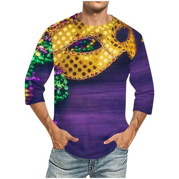 Jinhomg Holiday Party Tops for Men 2025 Mardi Gras Carnival Themed Graphic Tees Big and Tall Comfy 3/4 Sleeve Crew Neck T-Shirts Celebration Streetwear 2025 Saving Multicolor XL
