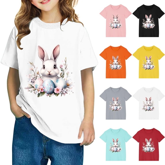 Jinhomg Holiday Shirt for Kid 2025 Cute Bunny And Colored Eggs Graphic Tees Loose Fit Comfy Short Sleeve Crew Neck Cotton Tops Fall Saving Gray 9 Years