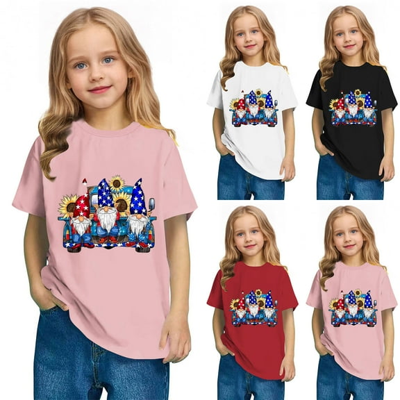Jinhomg Holiday Shirts for Kids America Flag Graphic Patriotic Tees 4th of July Short Sleeve Crew Neck Tops 2025 Boys Girls Parade Street T-Shirts Pink 5 Years