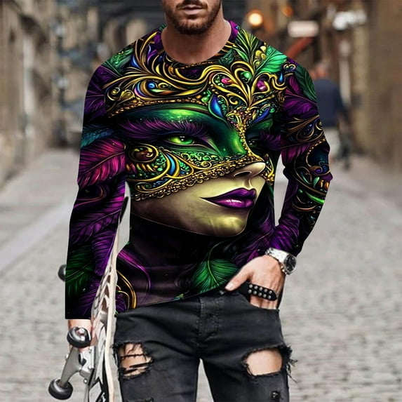 Jinhomg Holiday Tees for Men Novelty Funny Mardi Gras Graphic Party Shirts Big and Tall Comfy Long Sleeve Crew Neck T-Shirts Carnival Themed Streetwear Multicolor S