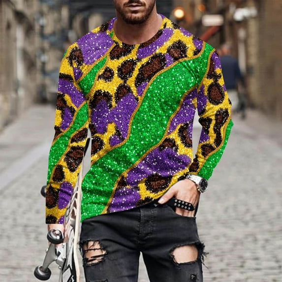 Jinhomg Holiday Tees for Men Novelty Funny Mardi Gras Graphic Party Shirts Big and Tall Comfy Long Sleeve Crew Neck T-Shirts Carnival Themed Streetwear Spring Saving Multicolor L