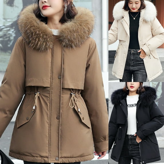 Jinhomg Hooded Warm Winter Coat for Women Trendy Faux Fur Trim Hooded Puffer Jacket Casual Comfy Double Closure Drawstring Waist Outerwear with Pockets Spring Saving Black M