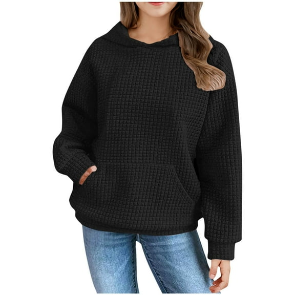 Jinhomg Hoodies for Teen Girls Trendy Oversize Waffle Long Sleeve Hoody Sweatshirts with Pocket Casual Loose Cute Pullover Tops Black,12-13 Years