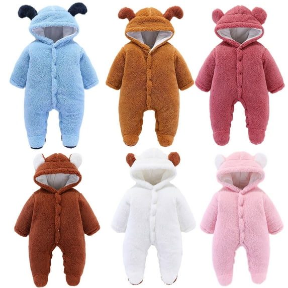 Jinhomg Infant Fleece Bodysuit Toddler Winter Comfy Long Sleeve Hooded Rompers Cute Animal Ear Sherpa Fleece Jumpsuit Daily Wear Sales Today Clearance Women Brown 9-12 Months
