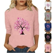 Jinhomg Inspirational Breast Cancer Awareness Tops for Women Cute Pink Ribbon Tree Graphic Tees Loose Comfy 3/4 Sleeve Tunic Pullovers Dressy Casual Holiday T-Shirts Lightening Deals Black M