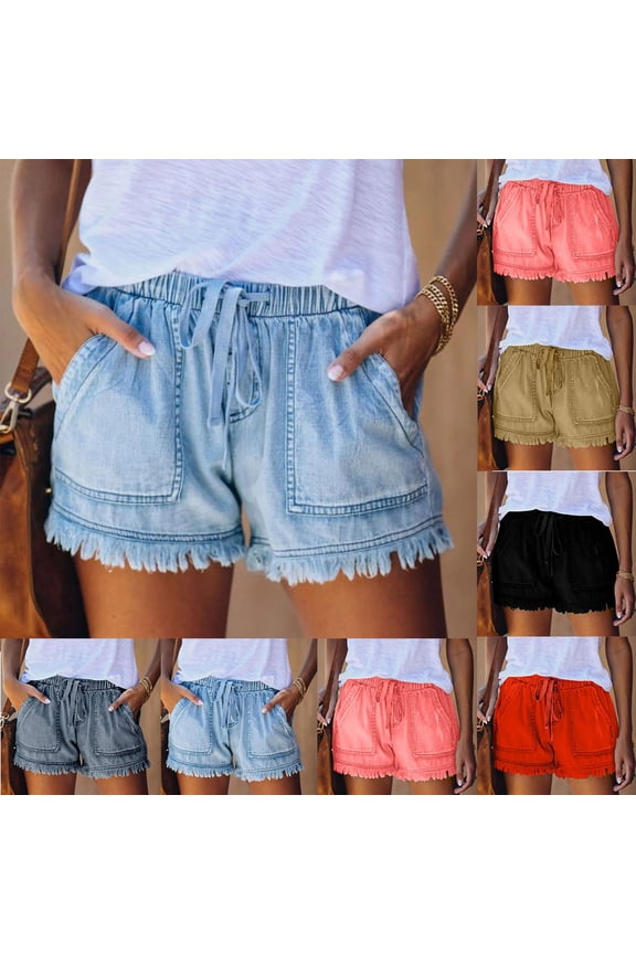 Jean Shorts for Women Cute Tassel Summer Casual Denim Shorts Patch Pockets Drawstring Comfy Cowboy Shorts Soft Pull On Stretchy Jorts Light Blue,L