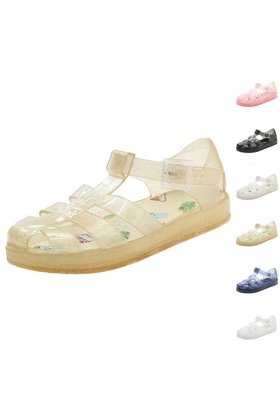 Jelly Sandals for Girls Closed Toe Summer Flat Sandals Toddler Girls In-shoe Graphic T-Strap Shoes Water Beach Jellies Soft Soled Sandals for 1-6Y