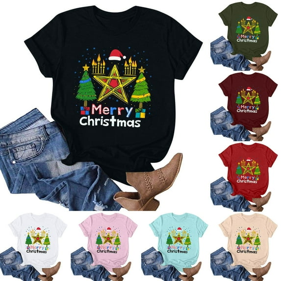 Jinhomg Jew Hanukkah Shirt for Women Cute Merry Christmas Printed T-Shirt Casual Comfy Short Sleeve Crew Neck Xmas Tees Ladies Holiday Gifts Fall Saving White XL