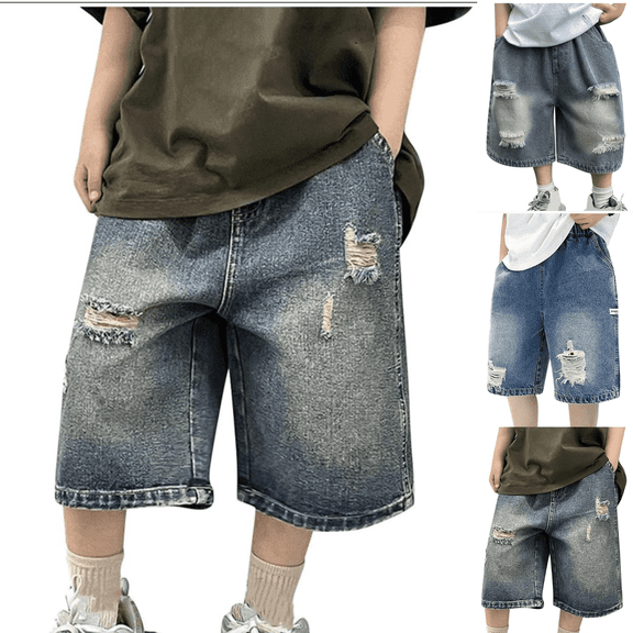 Jinhomg Bermuda Shorts for Kid Boys Wide Leg Loose Outdoor Denim Shorts with Pockets Elastic Waist Casual Cool Cargo Jorts with Pockets for 3-13 Years