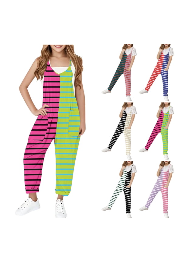 Jumpsuit for Little Girls 2025 Trendy Color Block Striped Print Bib Overalls Casual Comfy Spaghetti Straps Onesie Long Pants with Pockets 2025 Saving Purple 5 Years