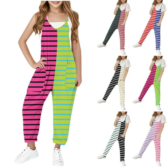 Jinhomg Jumpsuit for Little Girls 2025 Trendy Color Block Striped Print Bib Overalls Casual Comfy Spaghetti Straps Onesie Long Pants with Pockets Winter Saving Green 7 Years