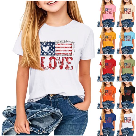 Jinhomg Kids 4Th of July Shirt Trendy American Flag Graphic Tees Casual Comfy Short Sleeve Crew Neck Patriotic Tops Boys Girls Holiday Gifts Green 110