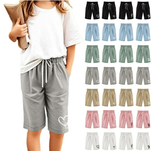 Jinhomg Kids Bermuda Shorts Cute Cartoon Graphic Linen Shorts Casual Comfy Elastic Drawstring Waist Short Pants with Pockets Khaki 7-8Years