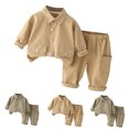 thumbnail image 1 of Jinhomg Kids Casual Outfits Comfy Long Sleeve Button Down Shirt and Elastic Waist Cargo Pants 2 Piece Fall Solid Clothes Suit Spring Saving Khaki 12-24 Months, 1 of 6
