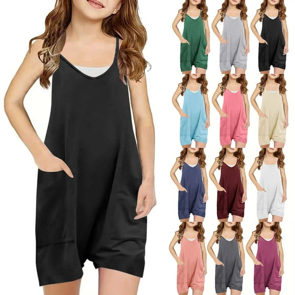 Jinhomg Kids Casual Rompers Loose Fit Comfy Spaghetti Strap Shorts Overalls 2025 Trendy Sleeveless Jumpsuit with Pockets for Teen Girls 90% off Clearance Sale Beige 9 Years