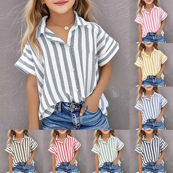 Jinhomg Kids Cotton Linen Shirt Loose Fit Button Down Lapel V Neck Shirts Casual Striped Print Short Sleeve Summer Blouses Tops Brown 7 Years