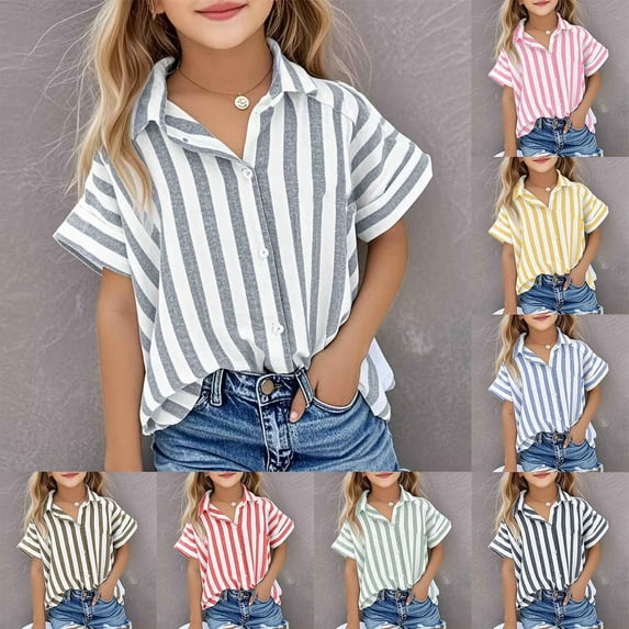 Jinhomg Kids Cotton Linen Shirt Loose Fit Button Down Lapel V Neck Shirts Casual Striped Print Short Sleeve Summer Blouses Tops Red 5 Years