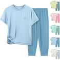 thumbnail image 1 of Jinhomg Kids Cotton Pj Sets 2 Piece Cotton Loungewear Soft Comfy Short Sleeve Crewneck Tee Tops with Long Pants Boys Girls Lightweight Summer Home Wear Green 13 Years, 1 of 5