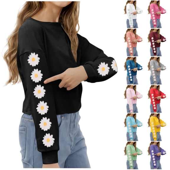 Jinhomg Kids Crop Tops Girls Long Sleeve Tee Shirts Cute Daisy Pinted Fashion Sweatshirt Lightweight Crewneck Pullover Top Black 160