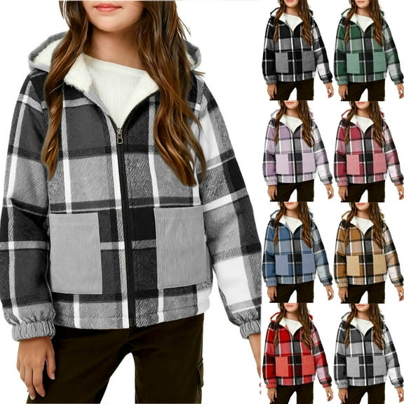 Jinhomg Kids Fleece Lined Hoodie Jacket Toddler Boys Girls Full Zip Hooded Plaid Sherpa Sweatshirt Winter Warm Flannel Shirt Jackets
