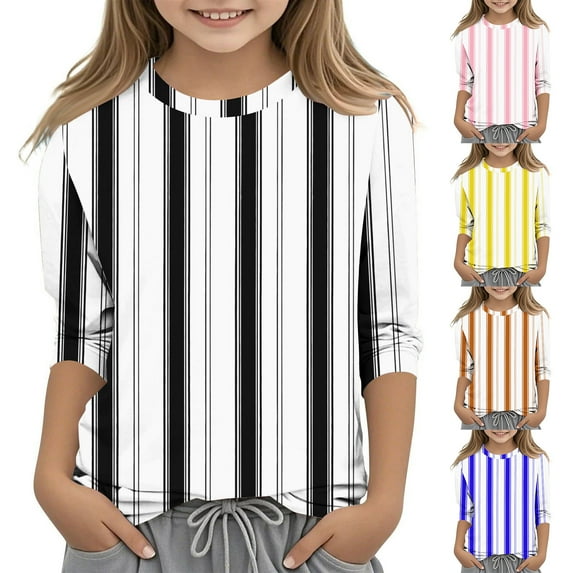 Jinhomg Kids Girls Blouse Casual Striped Print Tunic Tops Loose Fit Comfy 3/4 Length Sleeve Round Neck Shirts Lightweight Spring Summer Pullovers Women Pink 9 Years